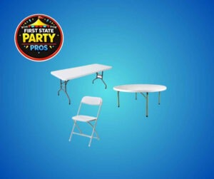 Table and chair rental setup for outdoor event in Delaware with tent and seating